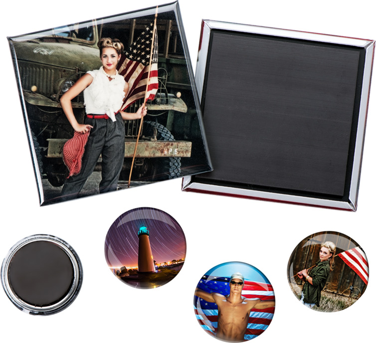 Photo Magnet Style Buttons are made from a print on photo paper.